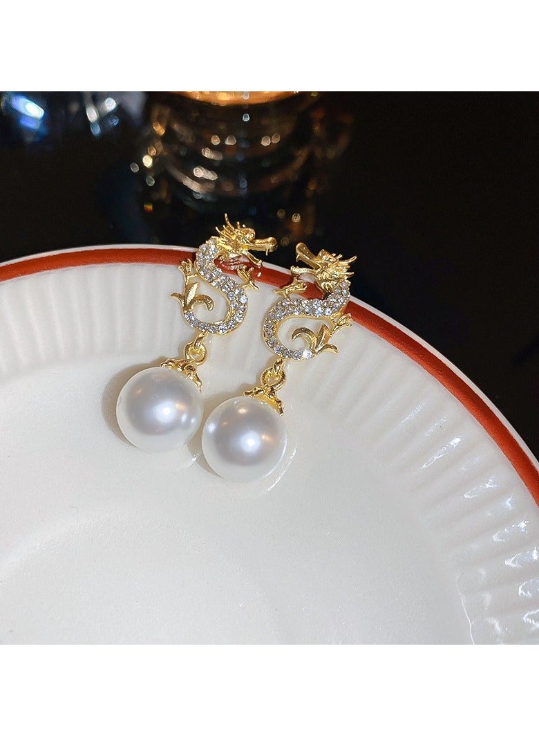 White Pearl Zodiac Dragon Earrings 