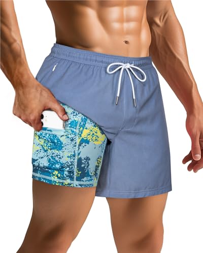 SURF CUZ Mens Swim Trunks with Compression Liner Mens Swimming Trunks 5 Inch Bathing Suit with Zipper Pockets Quick Dry Swim Shorts 01 A Pure Haze Blue Medium - Image 4