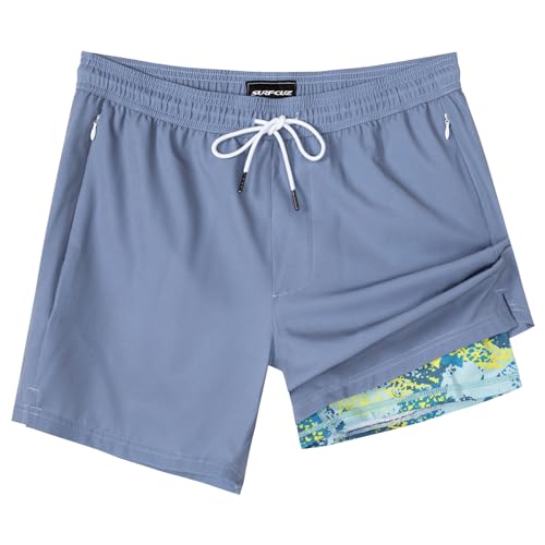 SURF CUZ Mens Swim Trunks with Compression Liner Mens Swimming Trunks 5 Inch Bathing Suit with Zipper Pockets Quick Dry Swim Shorts 01 A Pure Haze Blue Medium - Image 1