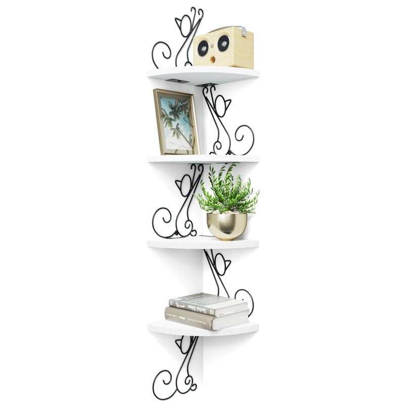 Alsonerbay Corner Shelf Wall Mounted 4 Tier Catshaped Corner Shelves Rustic Wood Floating Shelf Metal Corner Stand for Living Room Bedroom Kitchen Office and More White