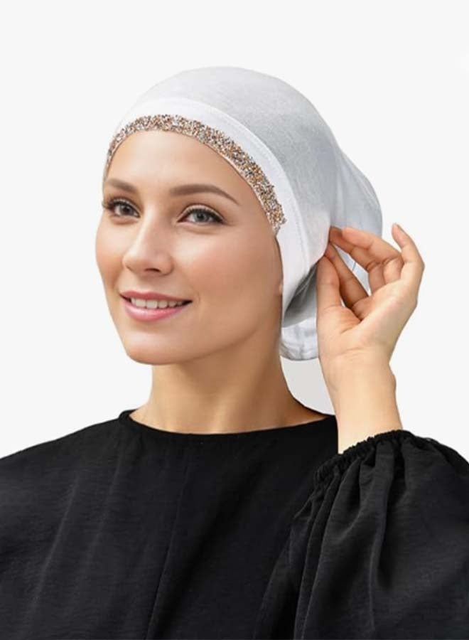 2PCS Inner Hijab Cap Muslim Adjustable Undercap with Rhinestone Hijabs Essential Soft Turban Head Wrap for Lady  - Image 4