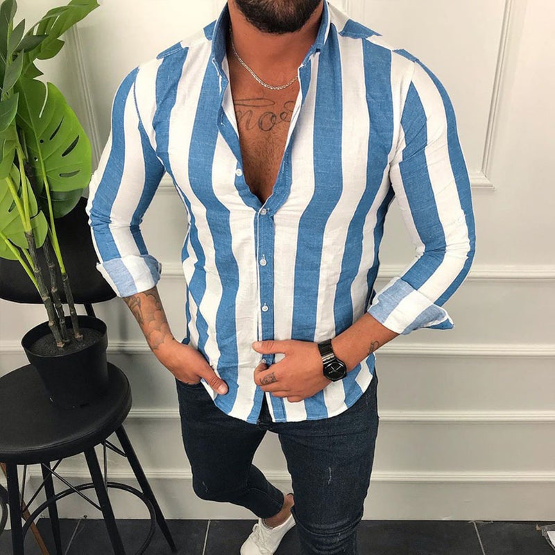 2022 cross-border European and American new AliExpress foreign trade long-sleeved lapel striped shirt loose shirt men Thick Stripes- Blue 3XL