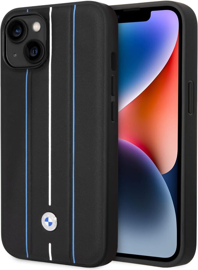 CG MOBILE BMW Phone Case for iPhone 14 Max Signature Collection in Black with Hot Stamped Lines, Real Leather Protective & Durable Case with Easy Snap-on, Shock Absorption & Signature Logo
