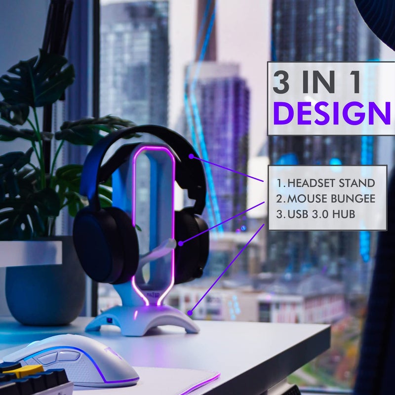 Tilted Nation Gaming Headphone Stand | RGB Headset Stand White | Headset Holder for Desk with Mouse Bungee and USB Hub | The Ultimate Gaming Accessories for Gamers for PS5, Xbox, PC - White - Image 2