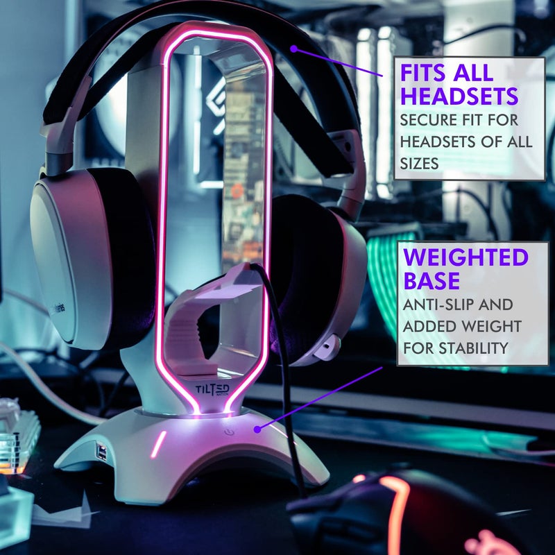 Tilted Nation Gaming Headphone Stand | RGB Headset Stand White | Headset Holder for Desk with Mouse Bungee and USB Hub | The Ultimate Gaming Accessories for Gamers for PS5, Xbox, PC - White - Image 3