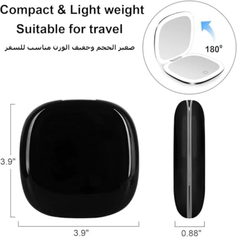 مرآة مكياج صغيرة قابلة للشحن مضادة للانعكاس بألوان إضاءة ثلاثية وتكبير 1X و10X، شريط إضاءة مزدوج قابل للتعتيم، مرآة LED صغيرة للسفر، أسود - Image 5