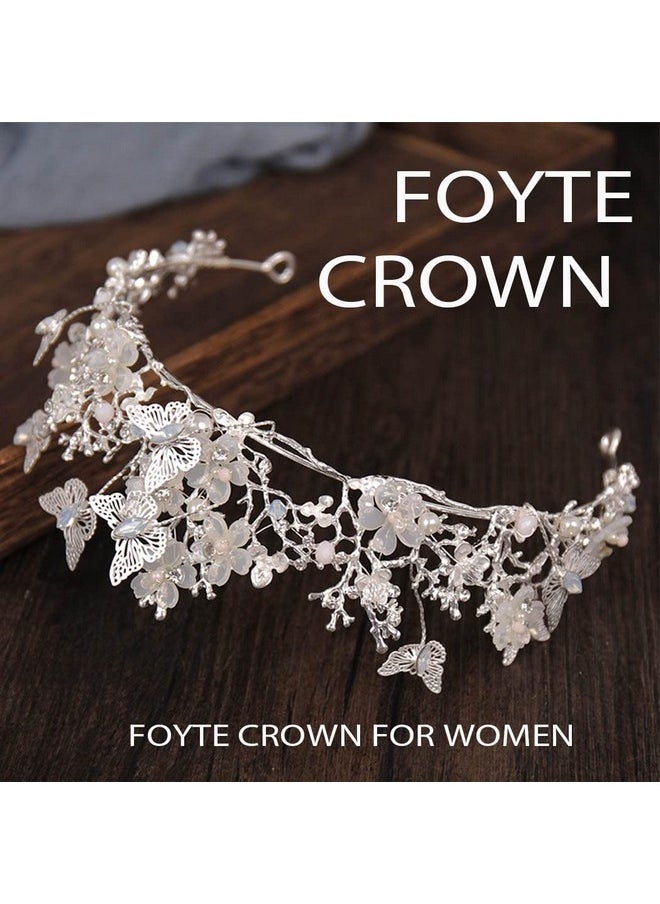 Foyte - Butterfly Crowns And Tiaras Flower Rhinestone Bride Crown Baroque Queen Tiaras Pearl Headpiece For Women And Girls (Silver) - Image 1