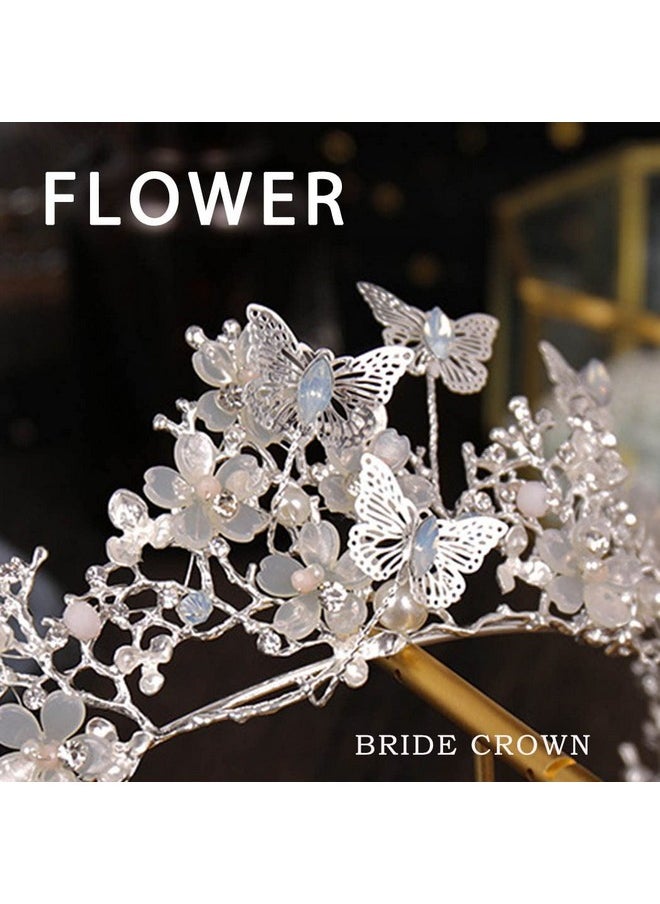 Foyte - Butterfly Crowns And Tiaras Flower Rhinestone Bride Crown Baroque Queen Tiaras Pearl Headpiece For Women And Girls (Silver) - Image 1