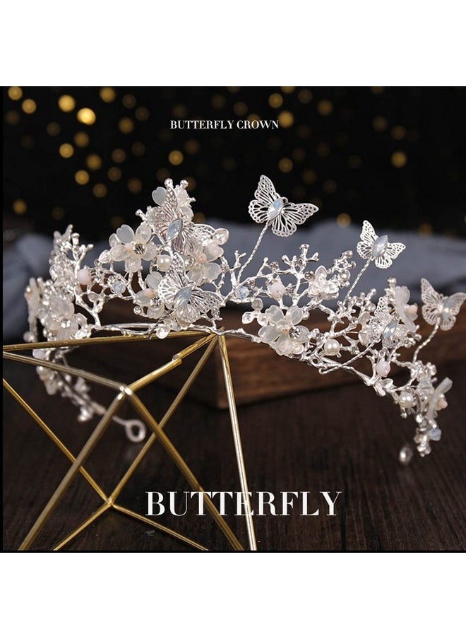 Foyte - Butterfly Crowns And Tiaras Flower Rhinestone Bride Crown Baroque Queen Tiaras Pearl Headpiece For Women And Girls (Silver) - Image 1