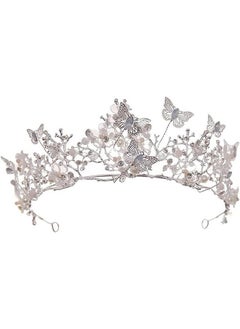Butterfly Crowns And Tiaras Flower Rhinestone Bride Crown Baroque Queen Tiaras Pearl Headpiece For Women And Girls (Silver)