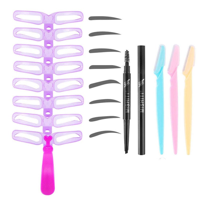 Aooba 12 PCS Eyebrow Stencils - Eyebrows Shape Reusable with Eyebrow Razors and Pencil, Eye Brow Shaping Template Stamp Kit with Handle and Strap Washable DIY Makeup Tools - Image 1