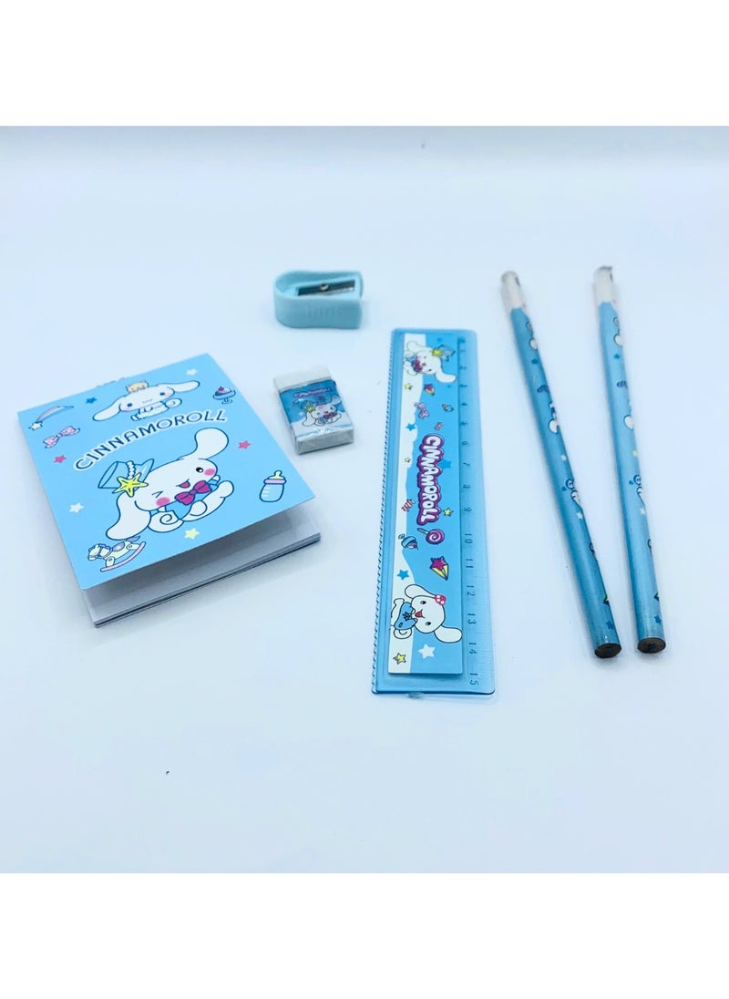 Cinnamoroll-Themed Kids Stationery Set – 2 Pencils, 1 Notepad, 1 Sharpener, 1 Eraser & Foldable 15cm Ruler – Blue Writing and Drawing Kit