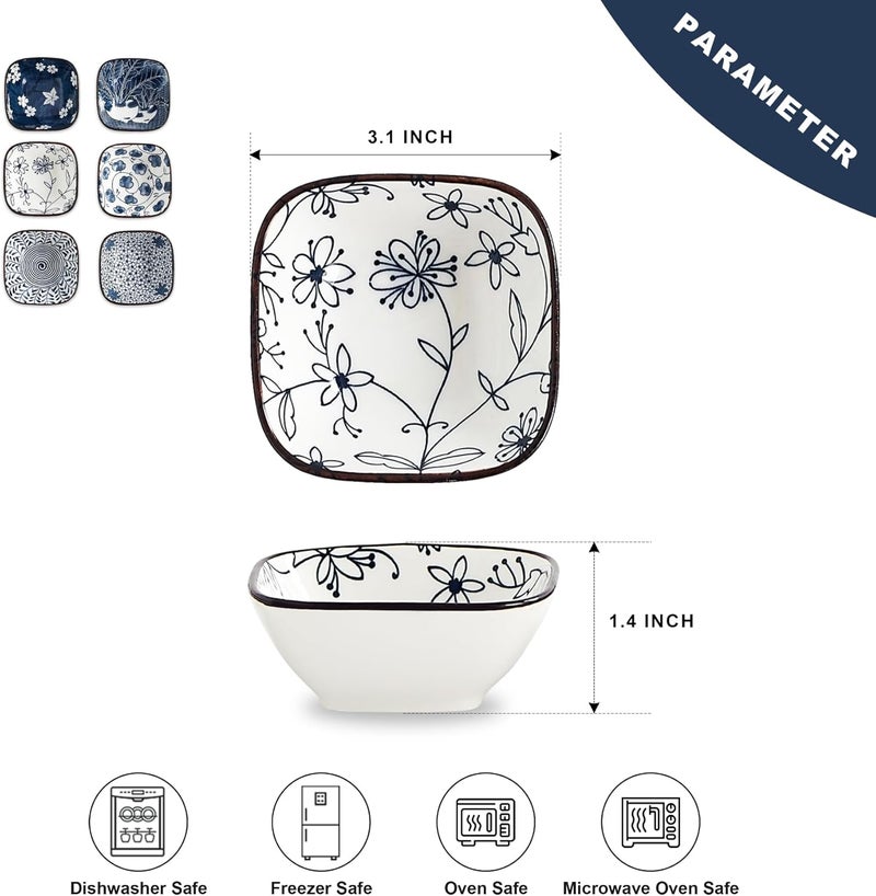 Swuut Ceramic 3oz Square Dipping Bowl SetBlue and White Soy Sauce Dish Set of 633 inch Small Bowls for Ketchup Condiments Stackable Side Dish BBQ Ramekins Oven Safe - Image 2