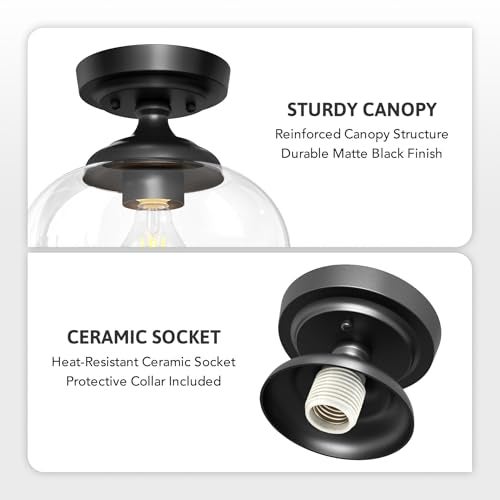 VONLUCE Industrial Semi Flush Mount Ceiling Light, 8.3" Ceiling Light Fixture with Clear Glass Shade, Farmhouse Lighting for Hallway Kitchen Bedroom Entryway, Matte Black Flush Mount Light Fixture - Image 4