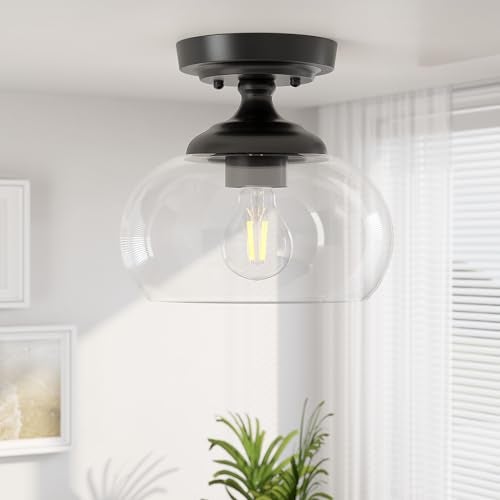 VONLUCE Industrial Semi Flush Mount Ceiling Light, 8.3" Ceiling Light Fixture with Clear Glass Shade, Farmhouse Lighting for Hallway Kitchen Bedroom Entryway, Matte Black Flush Mount Light Fixture - Image 2
