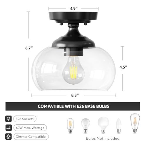 VONLUCE Industrial Semi Flush Mount Ceiling Light, 8.3" Ceiling Light Fixture with Clear Glass Shade, Farmhouse Lighting for Hallway Kitchen Bedroom Entryway, Matte Black Flush Mount Light Fixture - Image 5