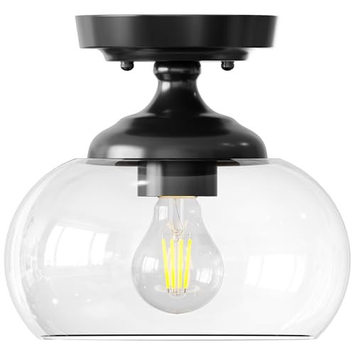 VONLUCE Industrial Semi Flush Mount Ceiling Light, 8.3" Ceiling Light Fixture with Clear Glass Shade, Farmhouse Lighting for Hallway Kitchen Bedroom Entryway, Matte Black Flush Mount Light Fixture - Image 1