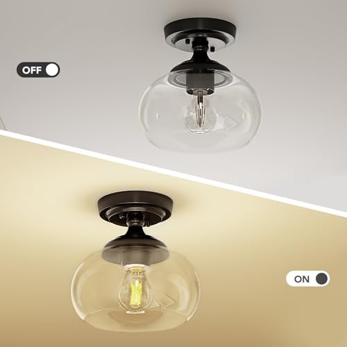 VONLUCE Industrial Semi Flush Mount Ceiling Light, 8.3" Ceiling Light Fixture with Clear Glass Shade, Farmhouse Lighting for Hallway Kitchen Bedroom Entryway, Matte Black Flush Mount Light Fixture - Image 3