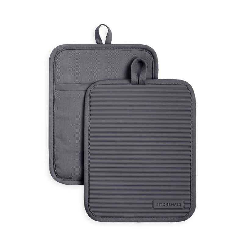 KitchenAid Ribbed Soft Silicone Pot Holder 2-Pack Set, Charcoal Grey, 7"x9" - Image 1