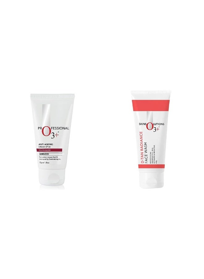O3+ Agelock Anti Ageing Cream Spf-60,50 Gm & O3+ D-Tan Radiance Face Wash With Vitamin C Glowing Skin and Deep Cleanses and Unifies Skin Tone 60gm Combo - Image 1