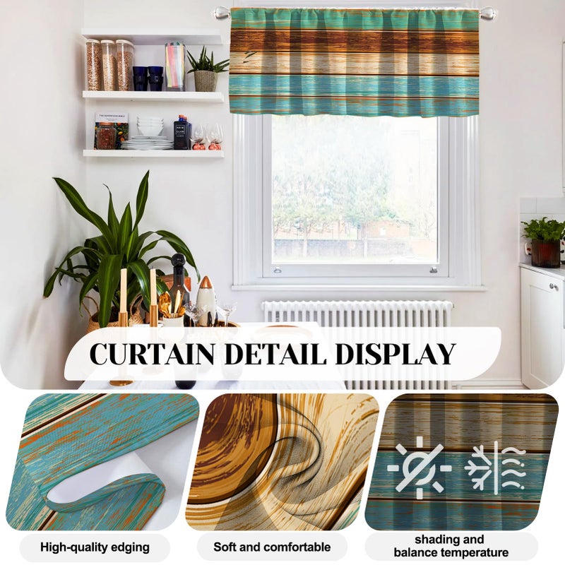 MCALK Teal and Brown Kitchen Curtains Tiers and Valances Set 3 Piece for Windows Farmhouse Kitchen Window Curtains Set,Wooden Texture Valances for Living Room(36" Tiers) - Image 2