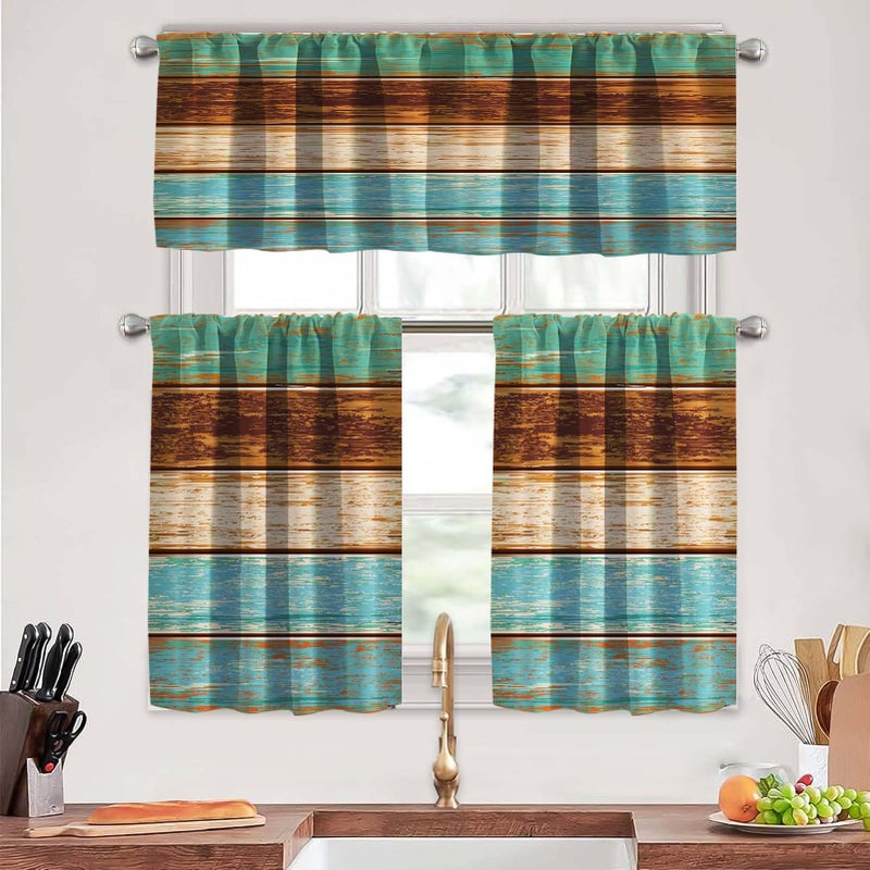 MCALK Teal and Brown Kitchen Curtains Tiers and Valances Set 3 Piece for Windows Farmhouse Kitchen Window Curtains Set,Wooden Texture Valances for Living Room(36" Tiers) - Image 1