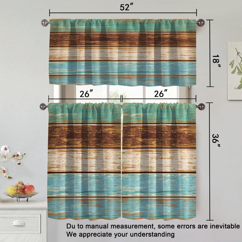 MCALK Teal and Brown Kitchen Curtains Tiers and Valances Set 3 Piece for Windows Farmhouse Kitchen Window Curtains Set,Wooden Texture Valances for Living Room(36" Tiers) - Image 4