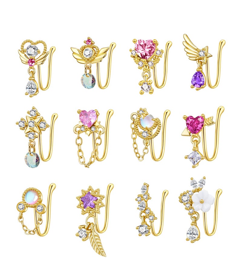 PLOMFOV 12Pcs Fake Nose Ring for Women Dangling Nose Cuffs Faux Clip on Nose Ring for Non Pierced Nose Gold Tone - Image 1
