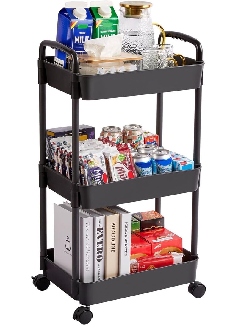 معرض الأعياد عربة تخزين بلاستيكية بثلاث طبقات، رف حمام، عربة دوارة، رف تخزين معزز بعجلات للمكتب وغرفة المعيشة والمطبخ والحمام، رفوف تخزين باللون الأسود - Image 1