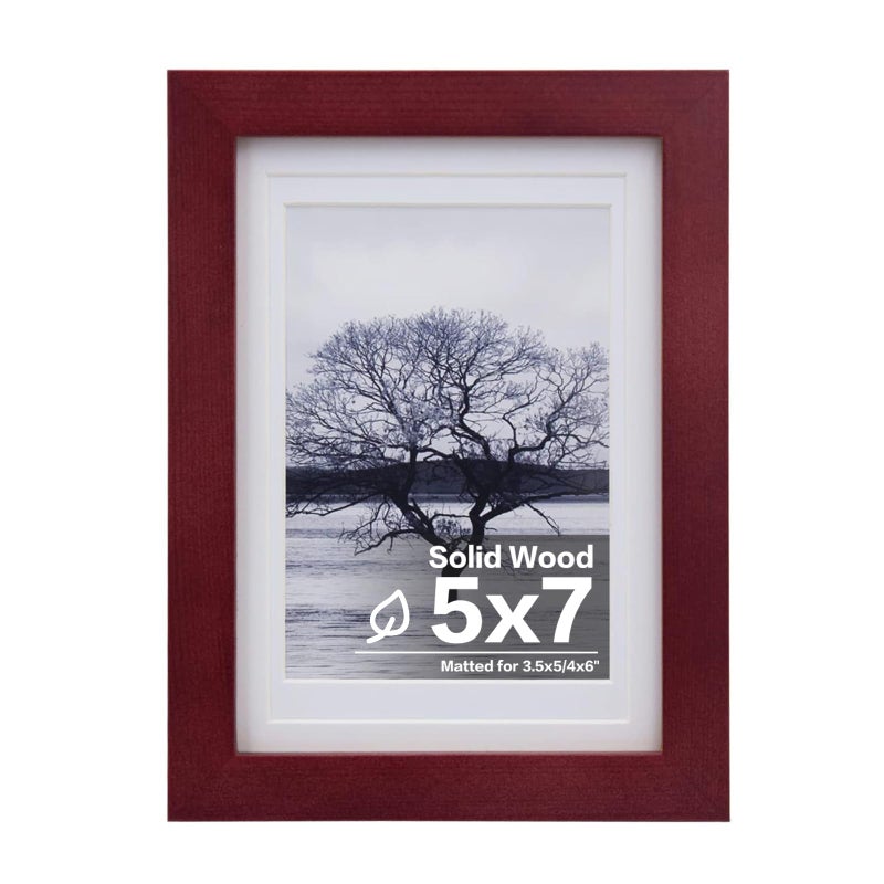 Egofine 5x7 Picture Frame Made of Solid Wood Display Pictures 35x54x6 with Mat or 5x7 Without Mat Covered by Plexiglass for Table Top Display and Wall Mounting Photo Frame Dark Red