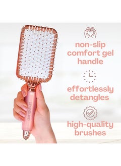 Hair Brush For Women For All Hair Types - Professional Paddle Brush For Blow Drying, Hair Detangling, & Straightening - Flat Hairbrush With Gel Handle For Easy Grip, Rose Gold