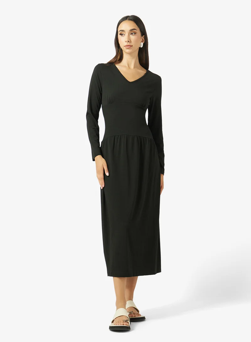 Ginger V Neck Drop Waist Pleat Detail Dress