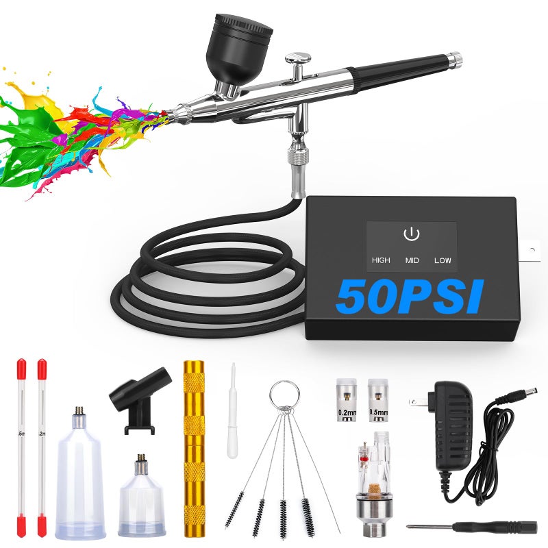 TURNRISE Airbrush Kit with Air Compressor: 50PSI High Pressure Air Brush Kit with 0.2/0.3/0.5mm Nozzle & Cleaning Set for Painting, Modeling, Cake Decorating, Makeup, Nails, Crafts - Image 1