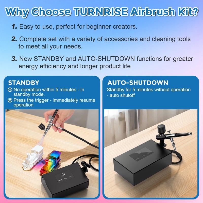 TURNRISE Airbrush Kit with Air Compressor: 50PSI High Pressure Air Brush Kit with 0.2/0.3/0.5mm Nozzle & Cleaning Set for Painting, Modeling, Cake Decorating, Makeup, Nails, Crafts - Image 4