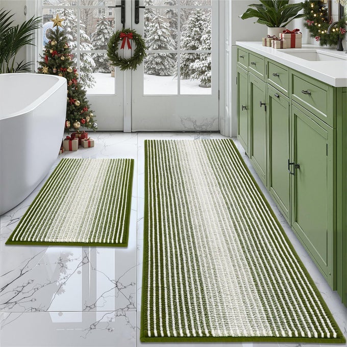 BATHROOM RUGS AND MATS SETS 2 PIECE THICK ABSORBENT CHENILLE BATH MAT RUG SET NON SLIP SOFT SHAGGY BATH ROOM FLOOR MATS FOR BATHROOM MACHINE WASHABLE SAGE 20 X 60 PLUS 20 X 32