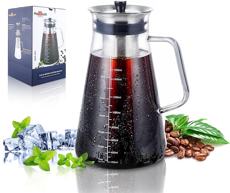 Aquach Aquach Airtight Cold Brew Coffee Iced Tea Maker 51oz15L BPAFree Durable Borosilicate Glass Pitcher and Stainless Steel FineMesh Filter Dishwasher Safe Spillproof 6 Cups Capacity 