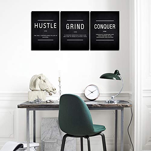 KAWAHONE Grind Hustle Conquer Success Wall Art, Motivation Canvas Wall Decor Framed Inspirational Painting Quotes Positive Poster Wall Hanging Picture for Home Office Workplace - 12" Wx16 Hx3piece - Image 2