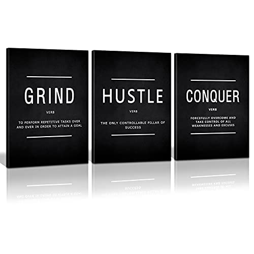KAWAHONE Grind Hustle Conquer Success Wall Art, Motivation Canvas Wall Decor Framed Inspirational Painting Quotes Positive Poster Wall Hanging Picture for Home Office Workplace - 12" Wx16 Hx3piece - Image 1