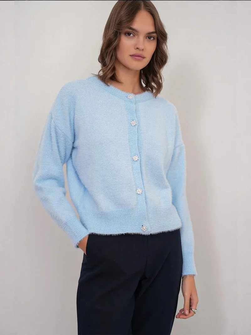 Mixray Baby Blue Mixray Oversized Jacquard Button Cardigan for Women | Best Price UAE