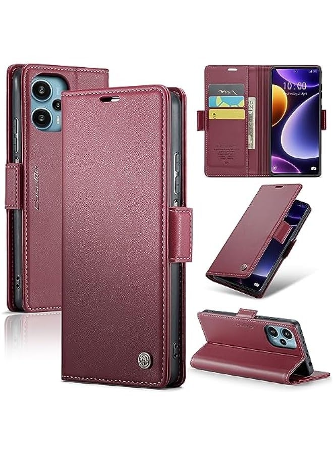 حقيبة محفظة جلدية فاخرة لهاتف Xiaomi Poco F5 5G بلون النبيذ، تحتوي على حامل بطاقة ائتمانية وحماية ضد التشويش اللاسلكي (RFID)، ووظيفة حامل واقف وحماية ضد الصدمات. - Image 1