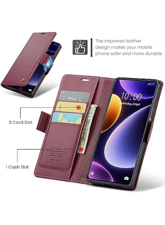 حقيبة محفظة جلدية فاخرة لهاتف Xiaomi Poco F5 5G بلون النبيذ، تحتوي على حامل بطاقة ائتمانية وحماية ضد التشويش اللاسلكي (RFID)، ووظيفة حامل واقف وحماية ضد الصدمات. - Image 3
