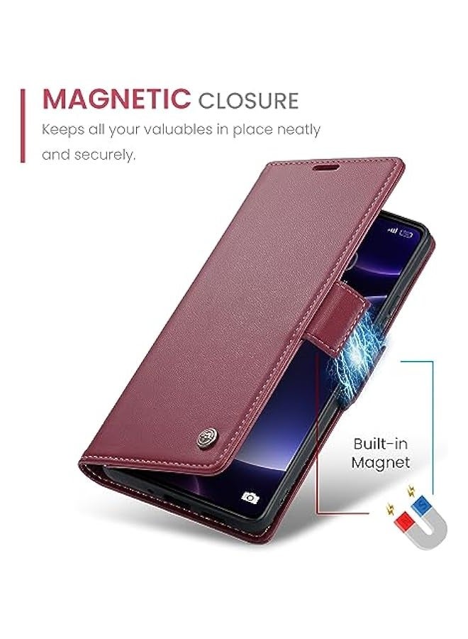 حقيبة محفظة جلدية فاخرة لهاتف Xiaomi Poco F5 5G بلون النبيذ، تحتوي على حامل بطاقة ائتمانية وحماية ضد التشويش اللاسلكي (RFID)، ووظيفة حامل واقف وحماية ضد الصدمات. - Image 4