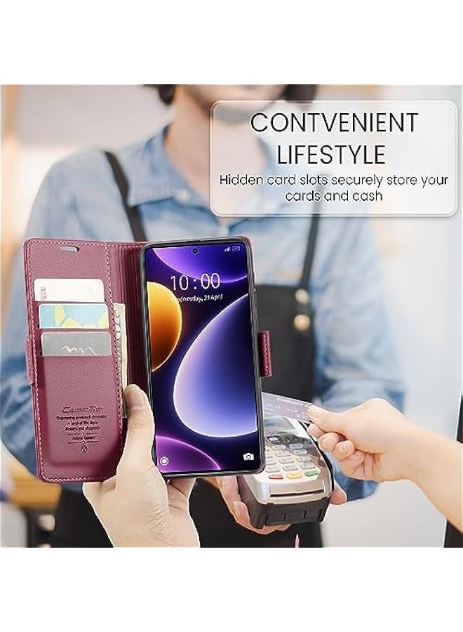 حقيبة محفظة جلدية فاخرة لهاتف Xiaomi Poco F5 5G بلون النبيذ، تحتوي على حامل بطاقة ائتمانية وحماية ضد التشويش اللاسلكي (RFID)، ووظيفة حامل واقف وحماية ضد الصدمات. - Image 5