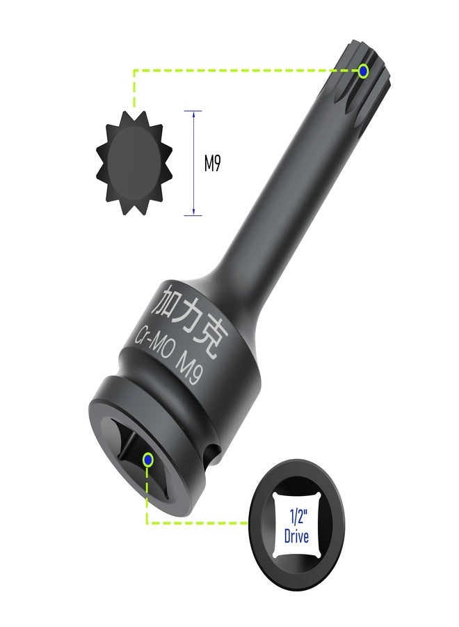 FOCMKEAS 1/2-Inch Drive x M9(9mm） Impact XZN Triple Square Spline Bit Socket, Metric Lengthen Screwdriver Socket Adapter, 3-Inch Length, CR-MO Steel, One-Piece Construction, Black - Image 2