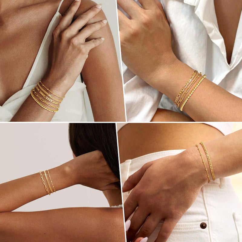 adoyi Gold Bracelets for Women, 14K Gold Plated Stackable Bracelet Stack Set Adjustable Charm Paperclip Chain Cuban Link Layered Waterproof Jewelry Sets Gifts for Womens 6.0 Inch - Image 4