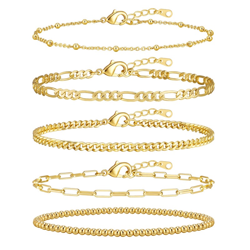 adoyi Gold Bracelets for Women, 14K Gold Plated Stackable Bracelet Stack Set Adjustable Charm Paperclip Chain Cuban Link Layered Waterproof Jewelry Sets Gifts for Womens 6.0 Inch - Image 1