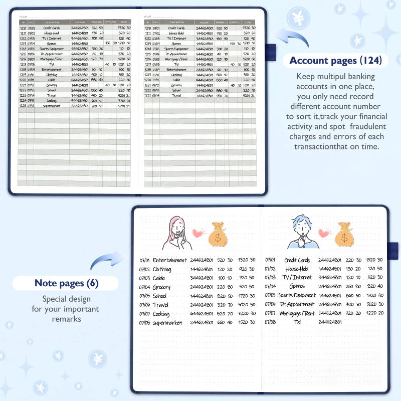 JUBTIC Hardcover Accounting Ledger Book (7x10â€³) - Bank Accounting Log for Small Business Bookkeeping & Personal Use - Account Tracker Notebook Track Accounts, Deposit, Expense & Balance - Navy Blue - Image 4
