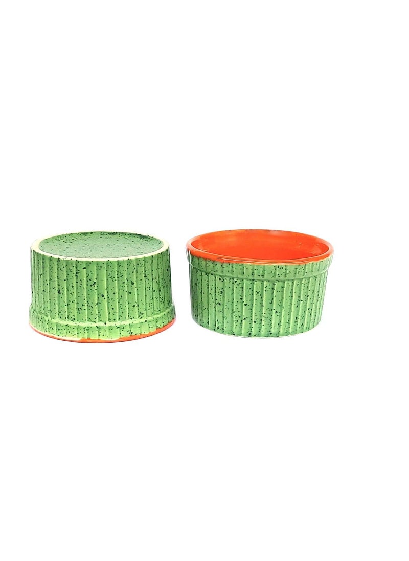 JAPSI - JAPSI Studio Pottery Ramekins Bowls 110ml Green and Orange Set of 2 Hand Crafted Dessert Serving Dishes - Image 1