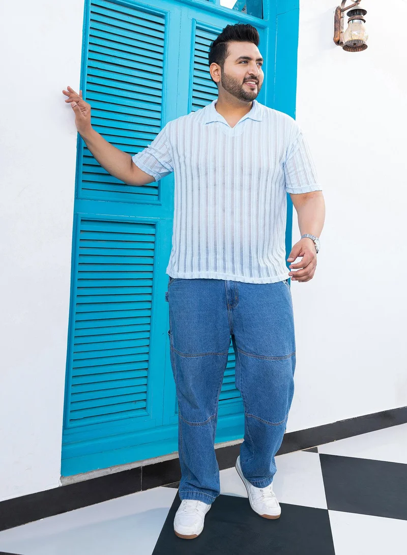 Instafab Plus  Men's Baby Blue Duo-Striped Relaxed Polo T-Shirt for Men | Best Price UAE