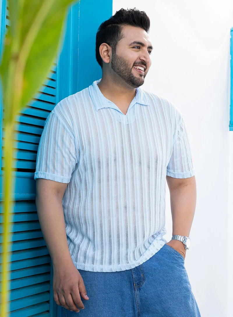 Instafab Plus  Men's Baby Blue Duo-Striped Relaxed Polo T-Shirt for Men | Best Price UAE